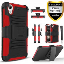 HTC Desire 626, HTC Desire 626s Case, Dual Layers [Combo Holster] Case And Built-In Kickstand Bundled with [Premium Screen Protector] Hybird Shockproof And Circlemalls Stylus Pen (Red)
